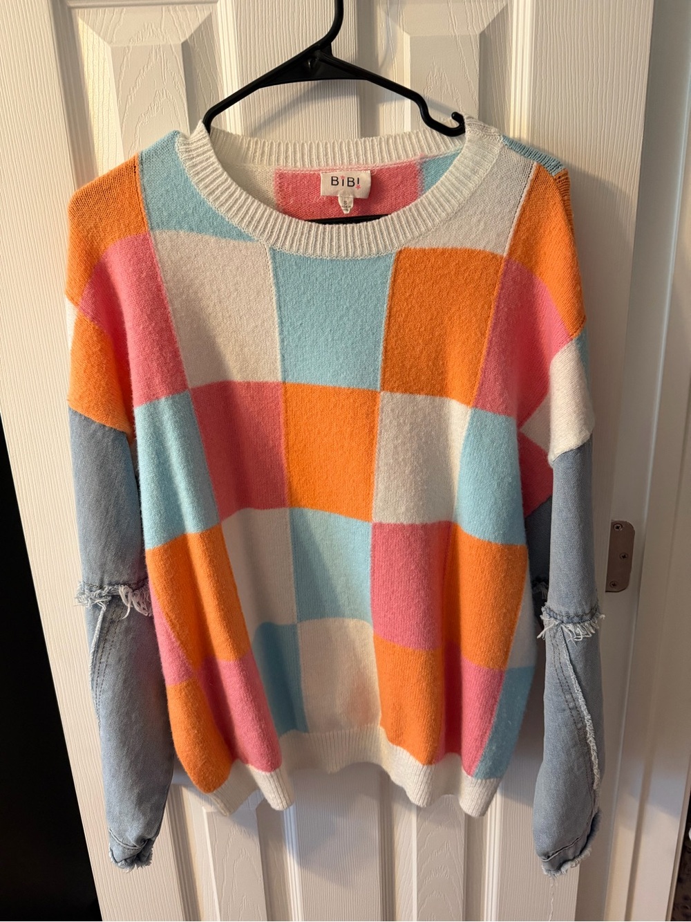 BiBi Colorblock Check Crewneck Sweater in Pink, Orange, Light Blue, White